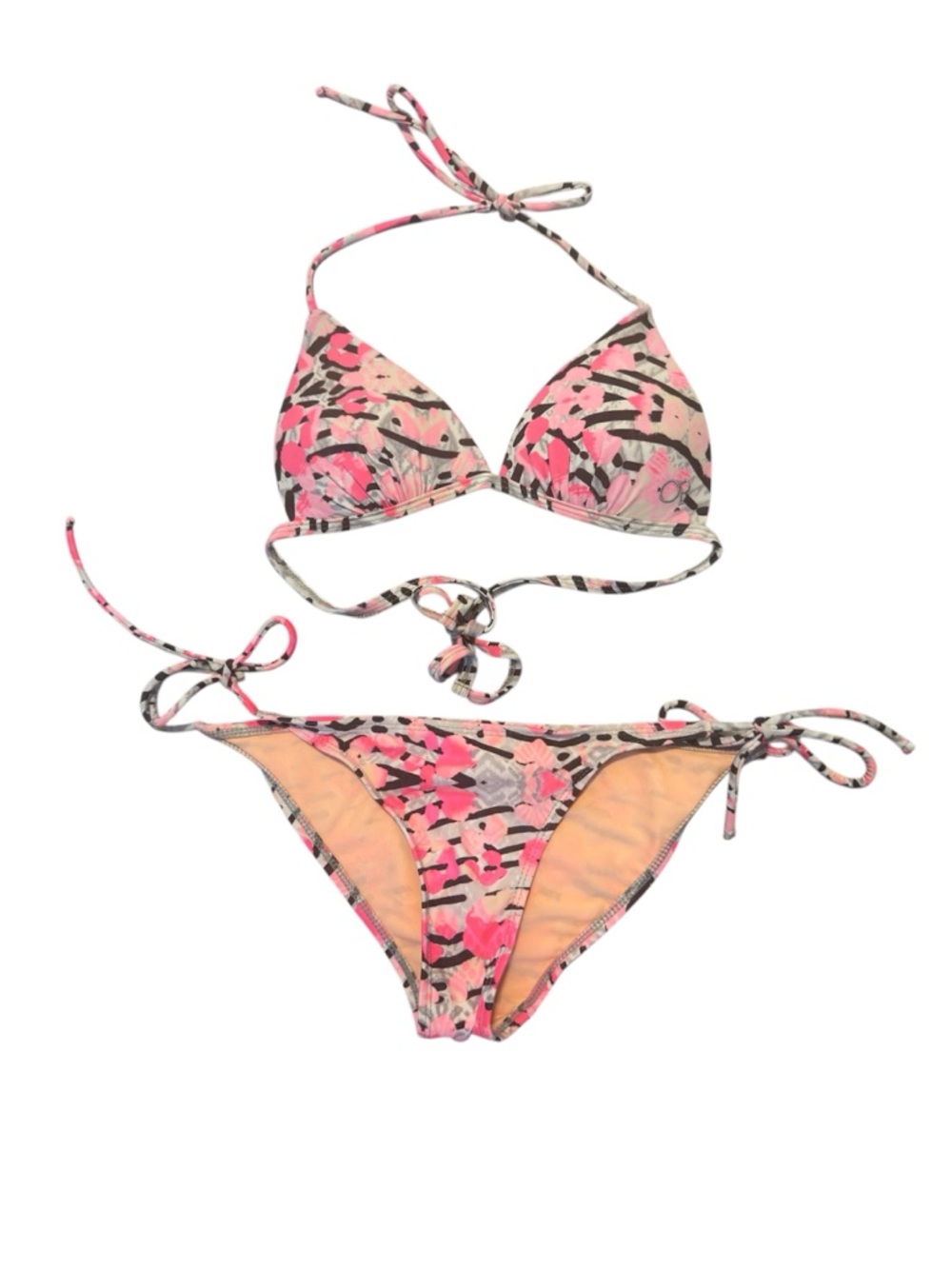 OP Ocean Pacific Juniors Bikini Set S Pink Abstract Print Triangle Halter Tie